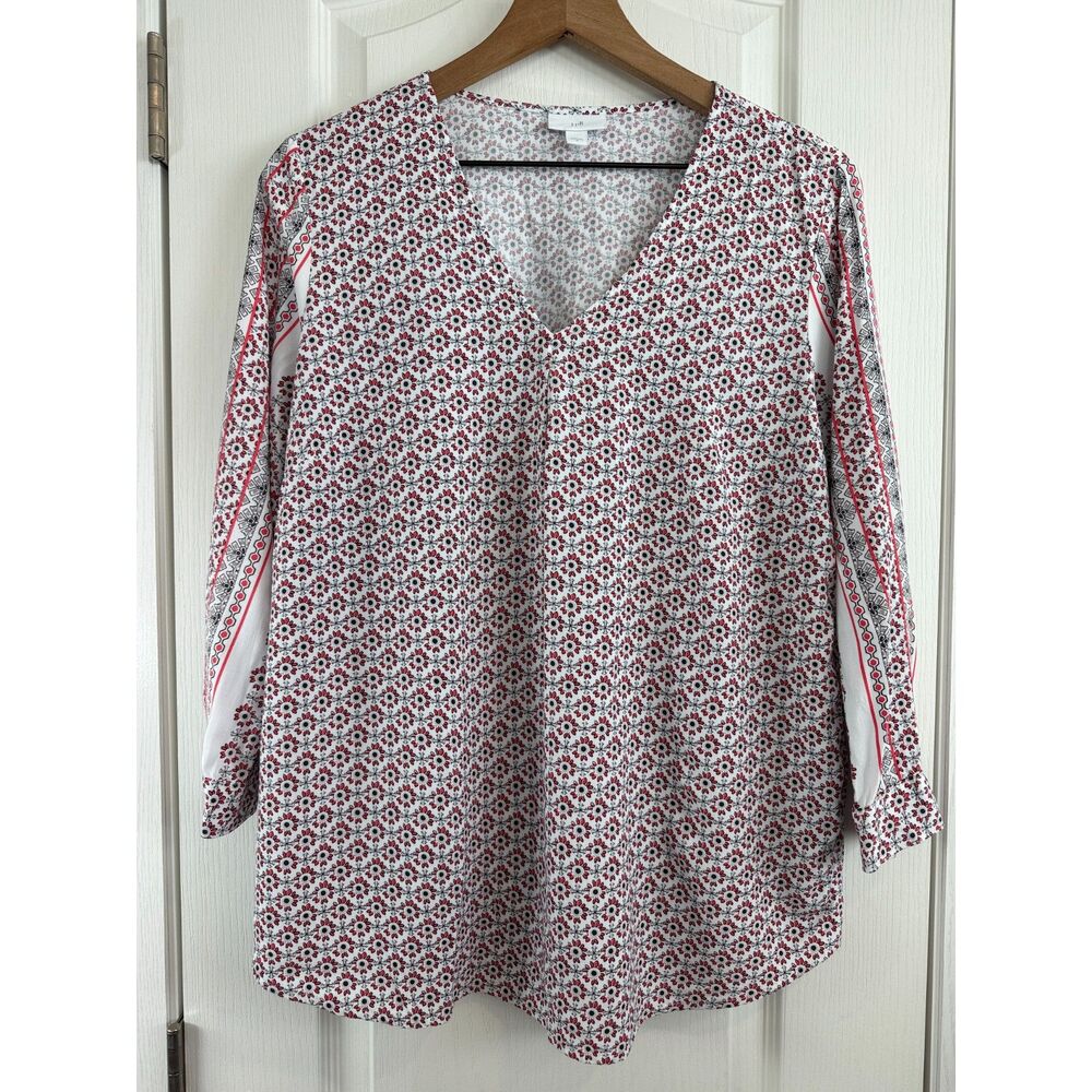 J Jill Women's 3/4 Sleeve Floral Print V-Neck Blouse Top Rayon Size M Medium